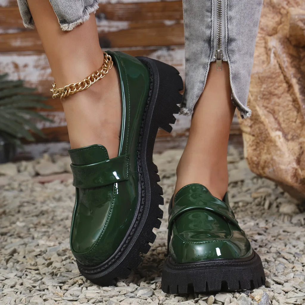 Plus size British style slip-on loafers with chunky platform heel in black, wine red, and green colours