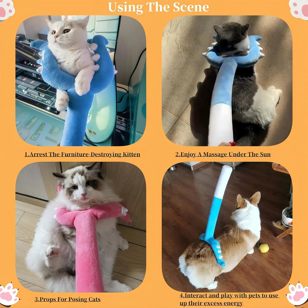 Blue plush cat wand toy extended to 70cm length with soft head for interactive pet play