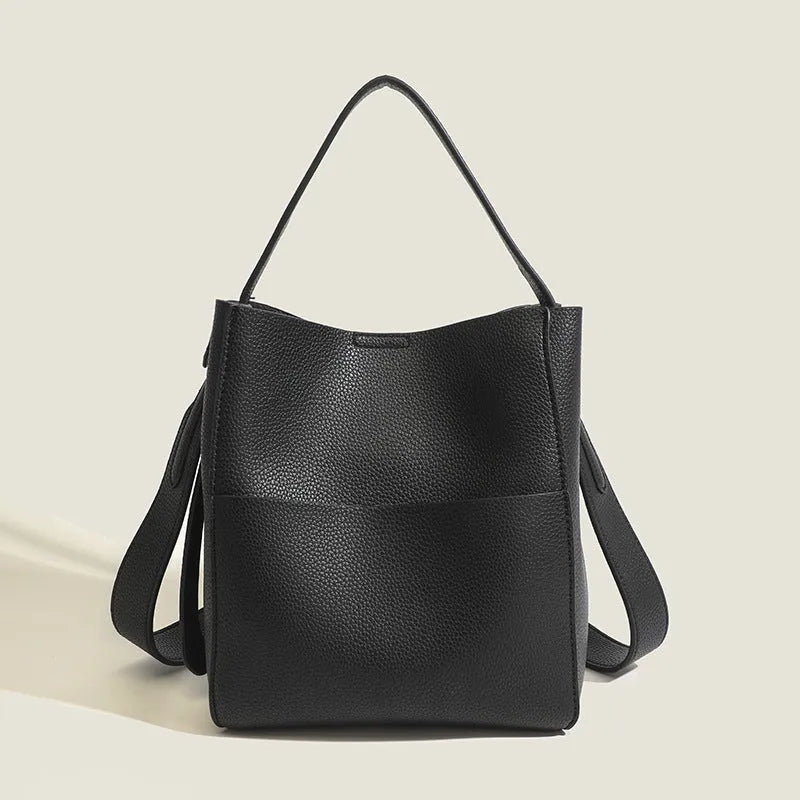 PU Leather Bucket Messenger Bag for Daily Matching European and American Retro Style with Sewing Line Detail Available in Black Brown Elephant Gray Soft Single Shoulder Strap Sandwich Pocket Outer Bag