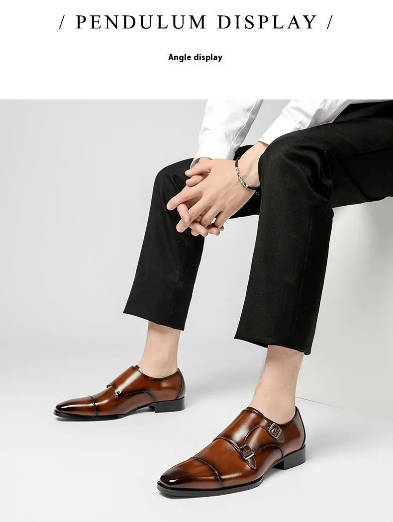 Men's square-toe leather shoes in black and light brown, showing low-top design and rubber sole.