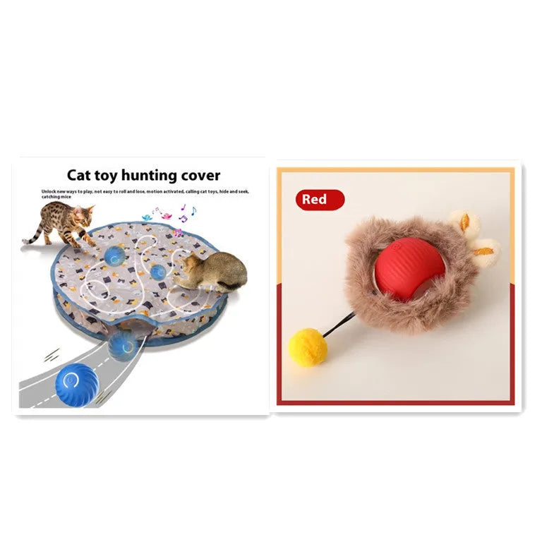 Flexible silicone rolling ball cat toy in plush red, green, and grey colours