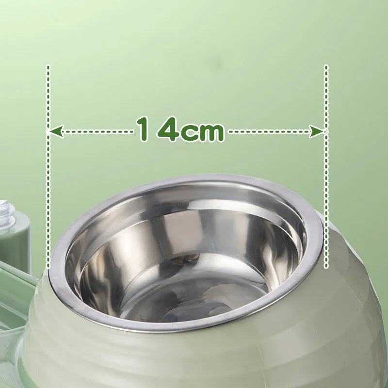 Brown elevated cat food bowl with attached water bottle dispenser on a floor.
