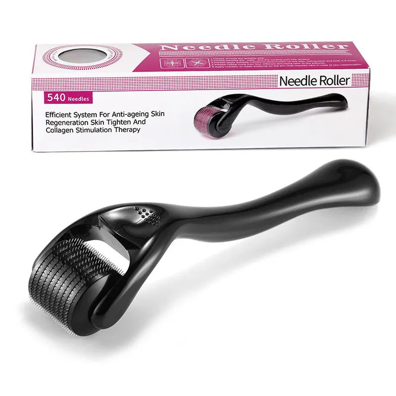 Black derma roller with titanium microneedles showing six size options from 0.2mm to 1.0mm