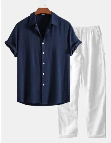 Men's casual cotton linen beachwear suit set with short sleeve shirt, shorts, glasses, shoes and watch
