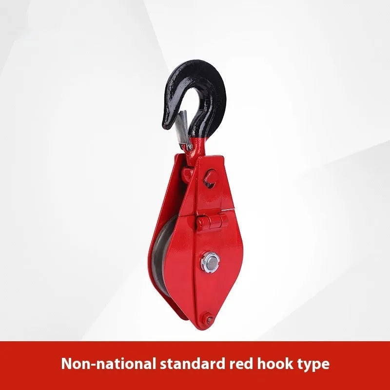 Red forged steel industrial lifting pulley with a safety latch on the hook