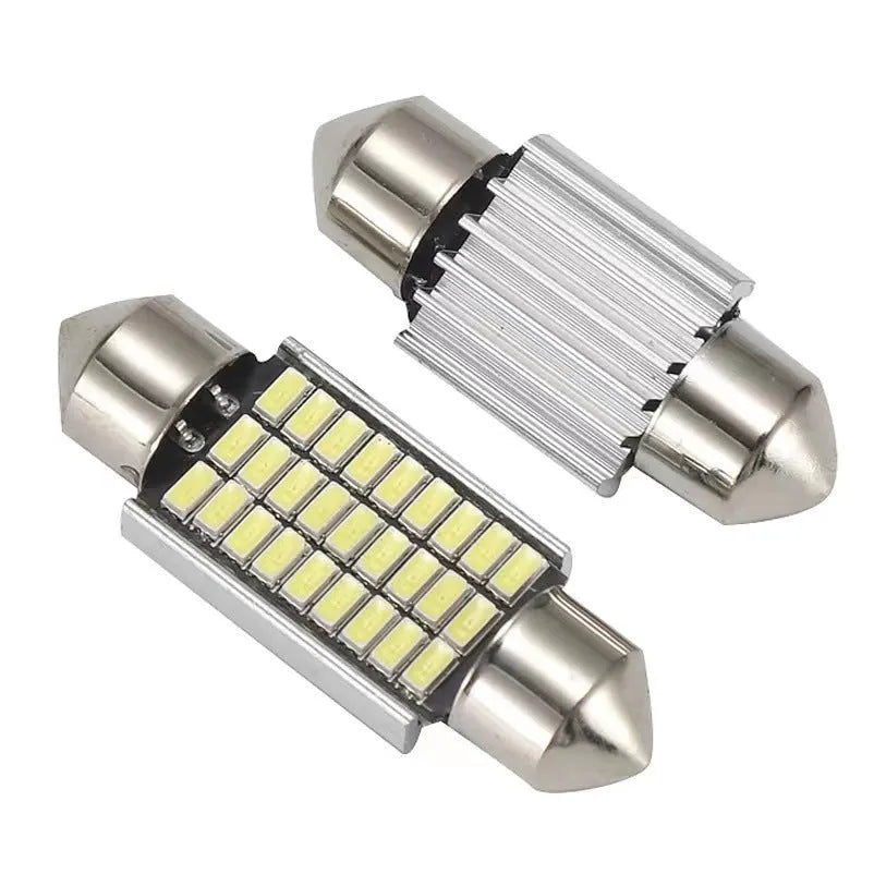White aluminium double-tip car interior roof light for reading and license plate illumination.