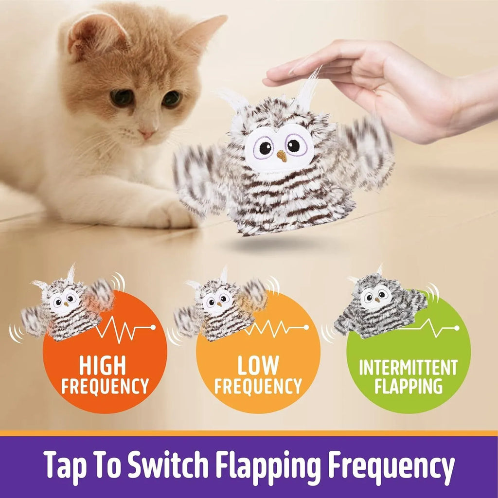 Grey interactive owl cat toy with flapping wings for indoor feline play