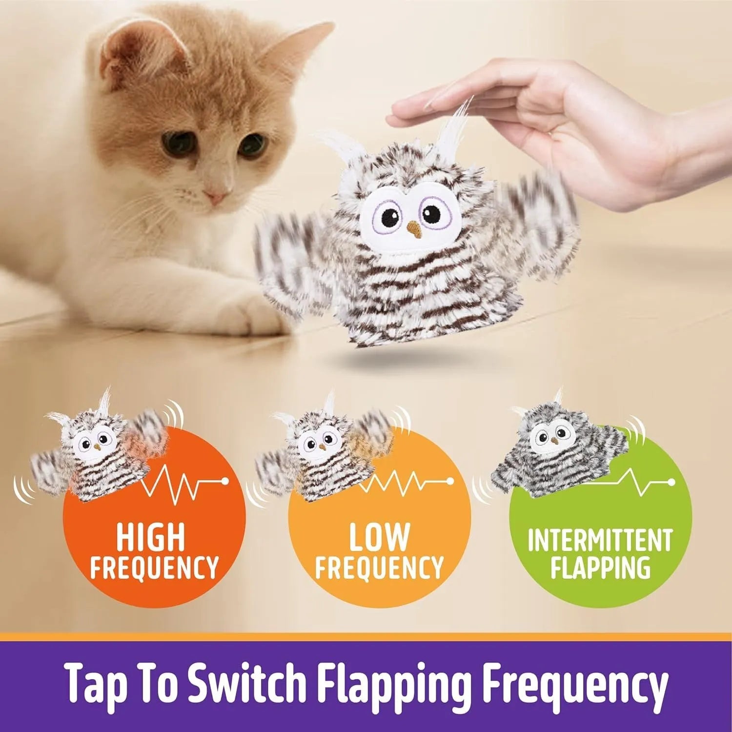 Grey interactive owl cat toy with flapping wings for indoor feline play