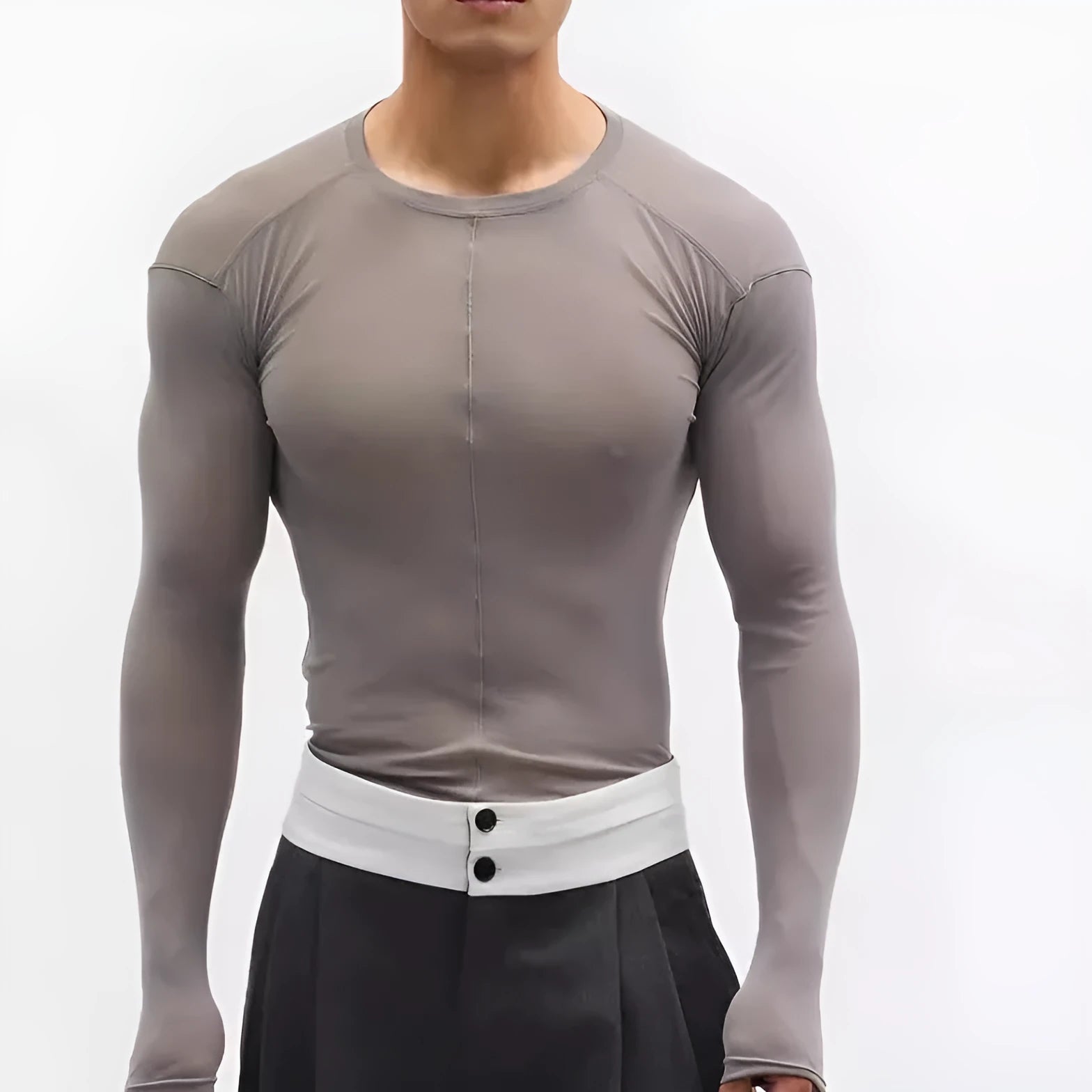 Black slim-fit women's pullover top with see-through mesh texture and long sleeves.