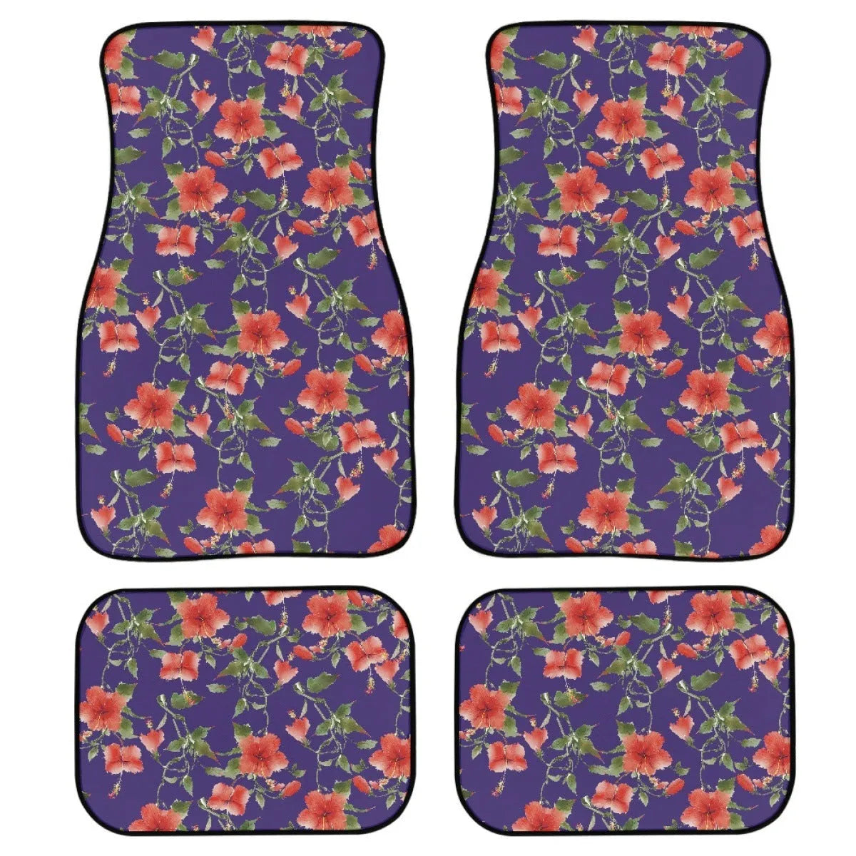 Black printed rubber car foot mat set showing 20mm thickness and waterproof texture for universal vehicle fit