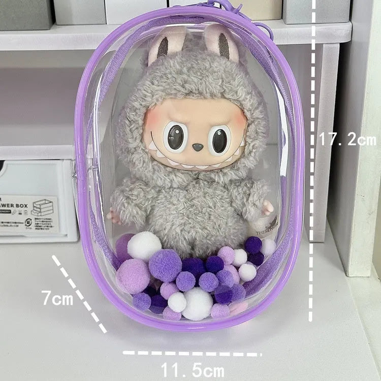 Transparent 17cm PVC cube storage bag with colourful ball keychain in avocado green colour