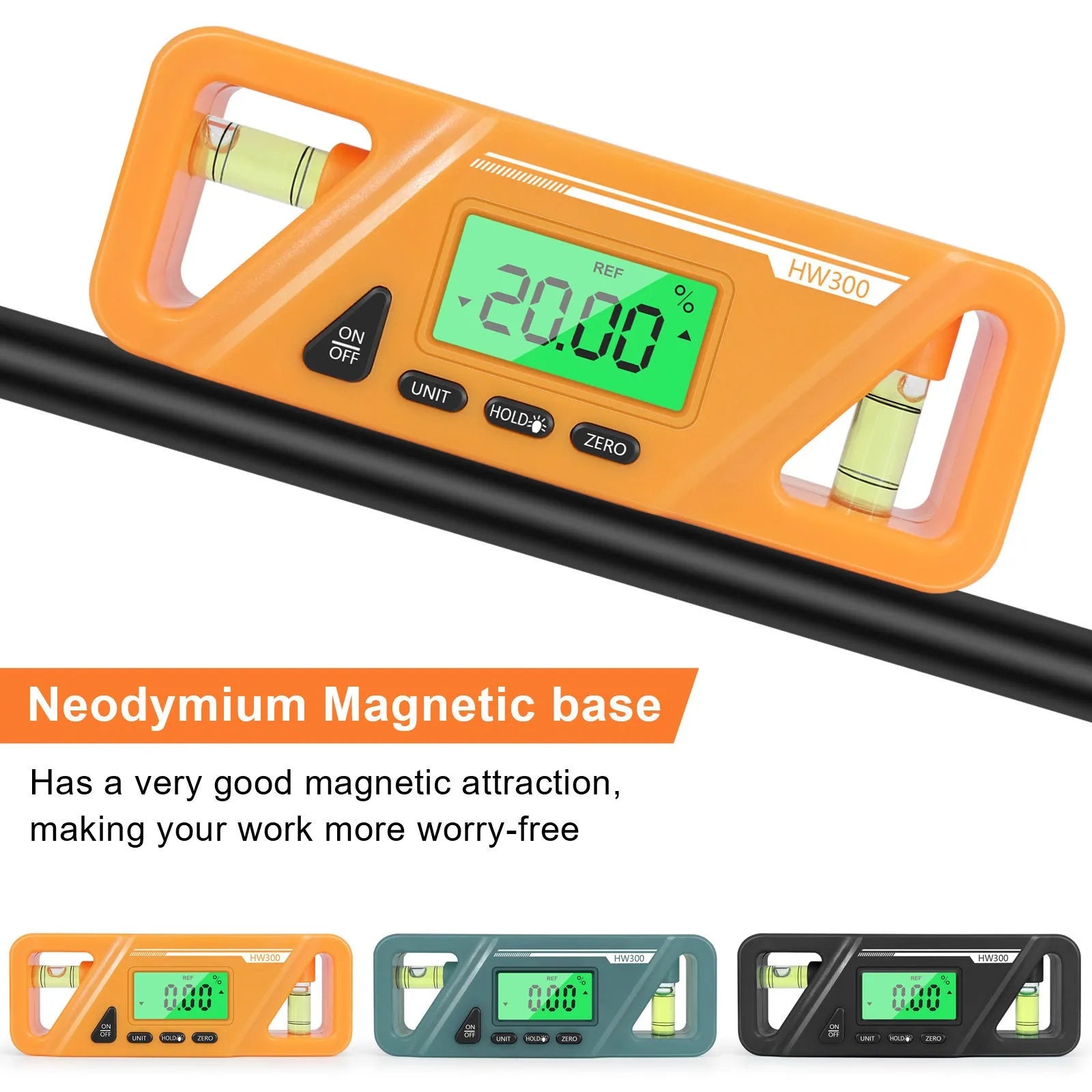 Plastic digital inclinometer level meter with magnetic base and LCD display showing angle measurement.