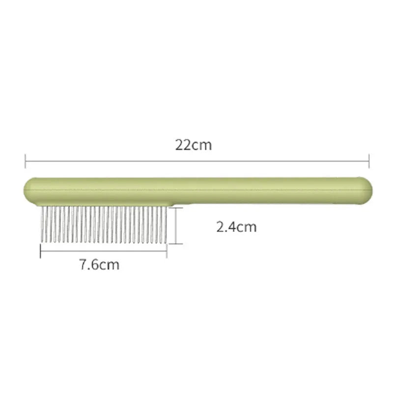Cat comb with rounded stainless steel teeth and ergonomic handle on white background