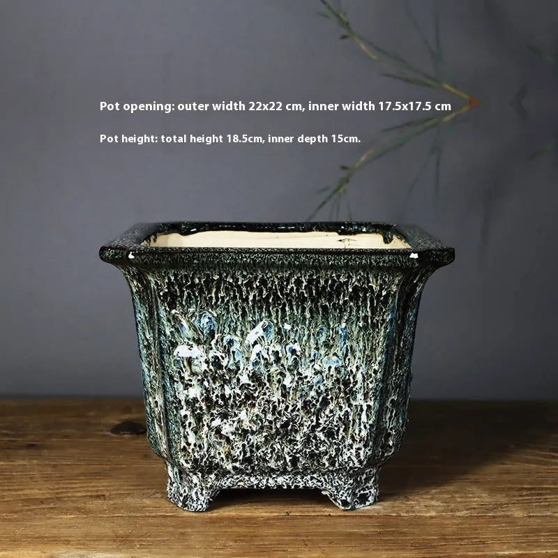 Square ceramic stoneware flower pot with decal pattern 22cm caliber green glaze change finish