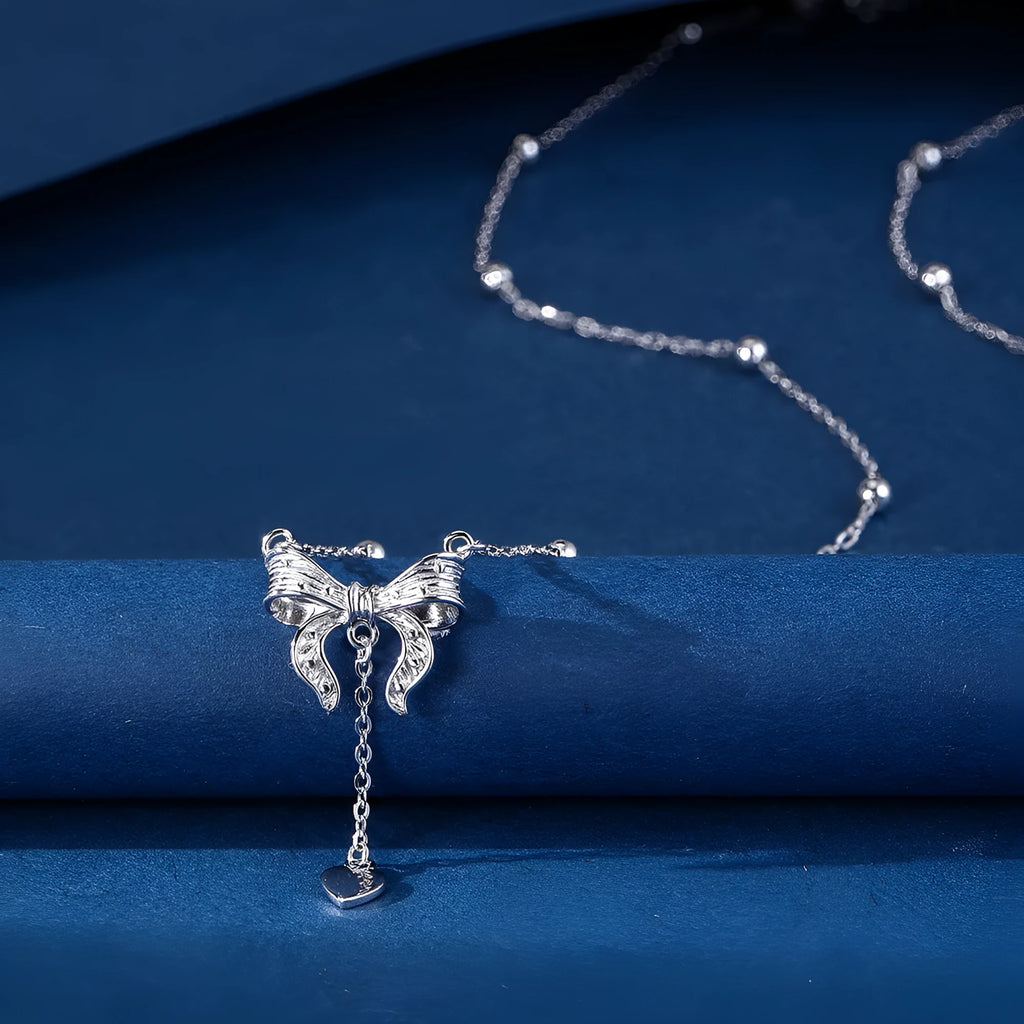 S925 sterling silver necklace with butterfly heart bow pendant on adjustable O-ring chain