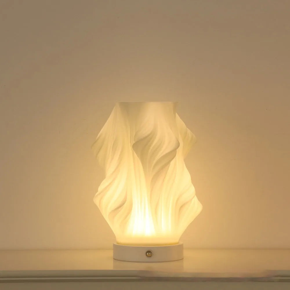 3D printed cylindrical vase night lamp in wood colour finish on a modern bedside table