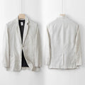 Men's loose fit linen casual blazer jacket on a hanger, shown in a solid colour.