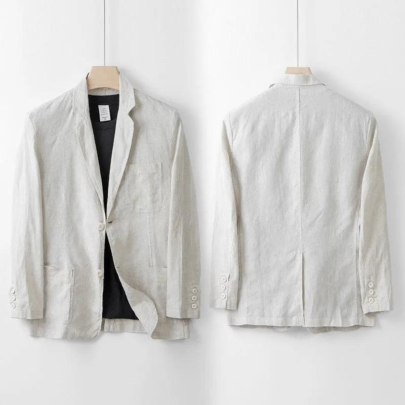 Men's loose fit linen casual blazer jacket on a hanger, shown in a solid colour.