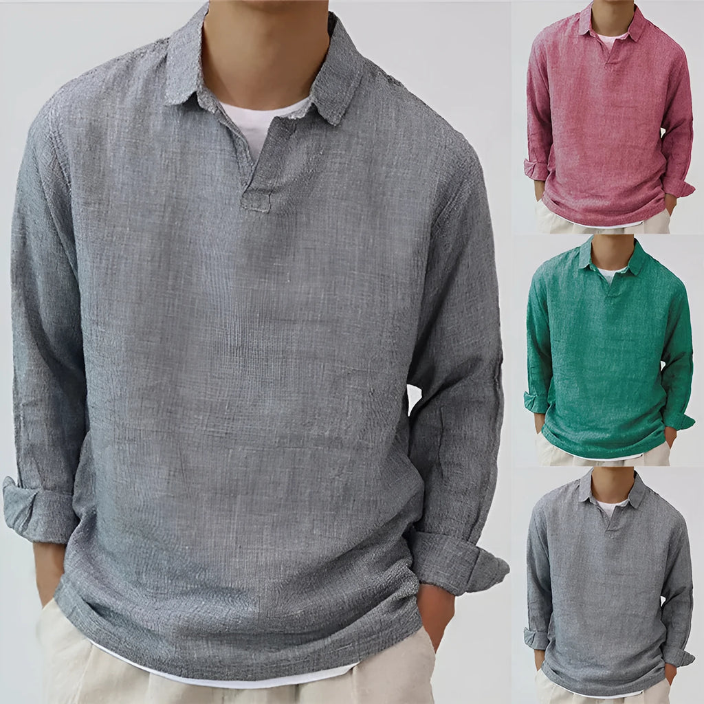 Men's solid colour long sleeve cotton blend pullover shirt with lapel collar, regular fit, available in dark green, gray, and rose red