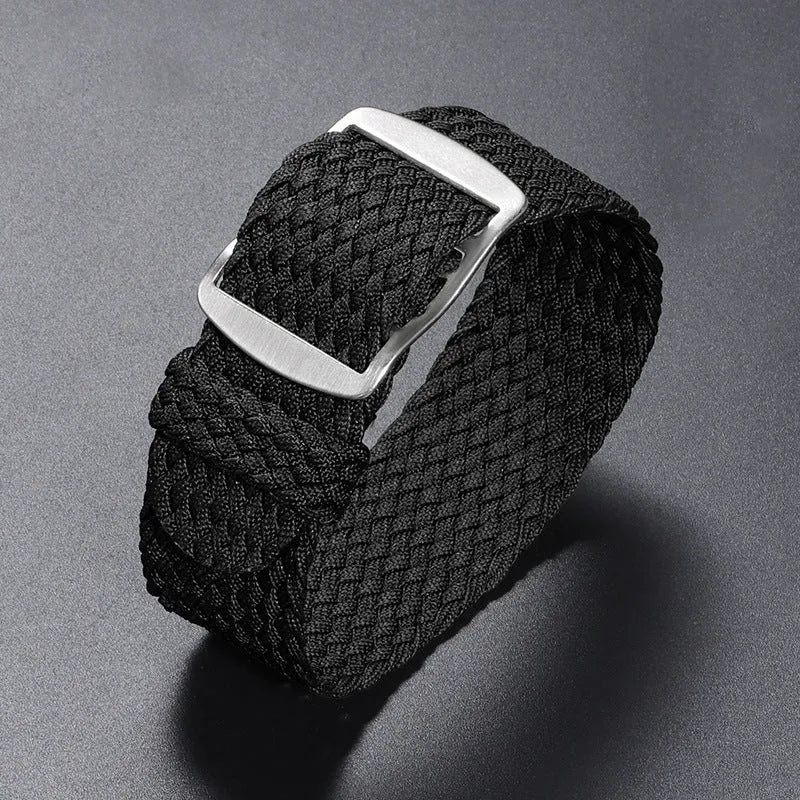 Woven nylon watchband in beige, 20mm width, with canvas-style finish on white background