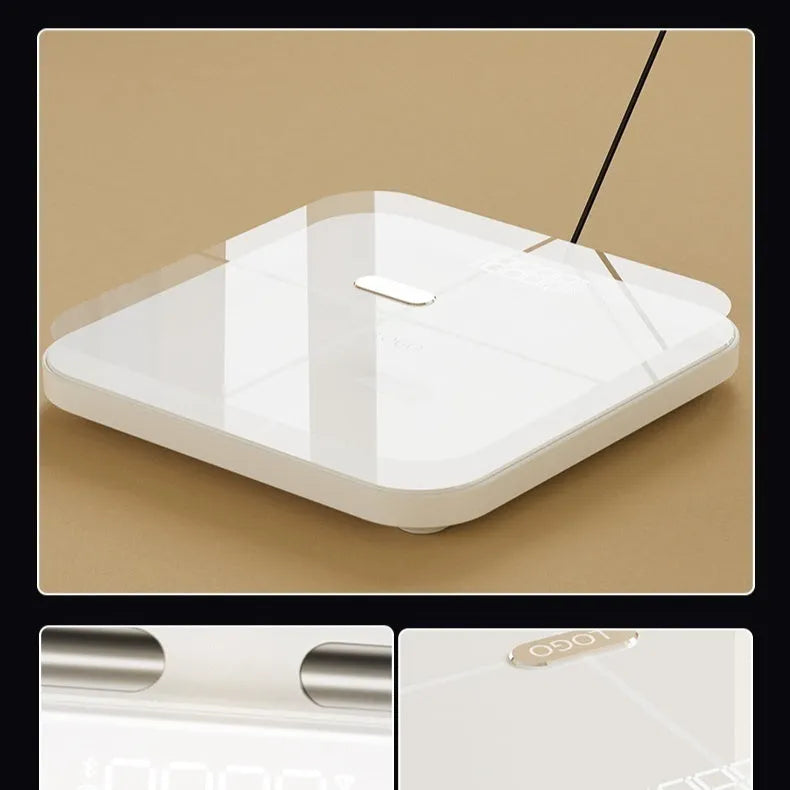 White tempered glass body fat scale with eight electrodes and LED display.