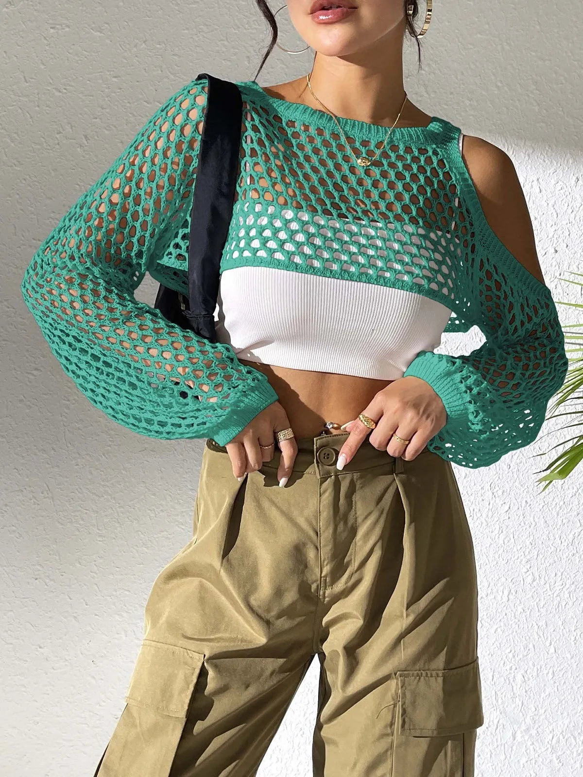 Mesh shirt with hollowed navel design in army green colour