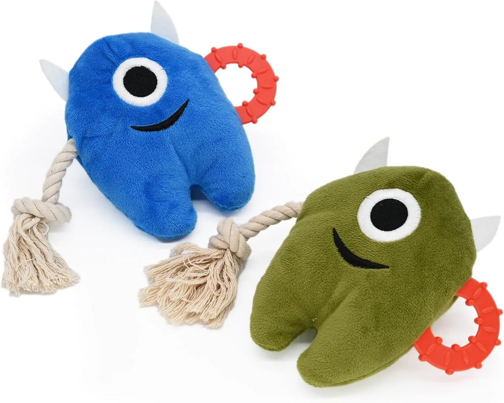 Blue and green plush monster dog toy with rope tug handles