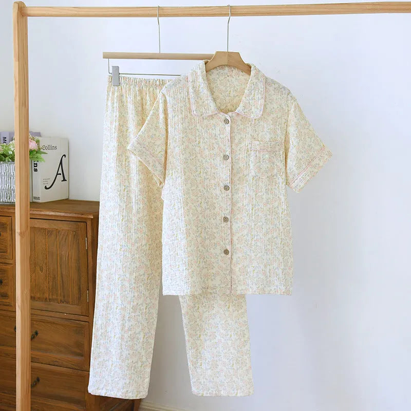 Women's loose-fitting short-sleeved cotton gauze trouser outfit in Flower Sea pattern for summer.