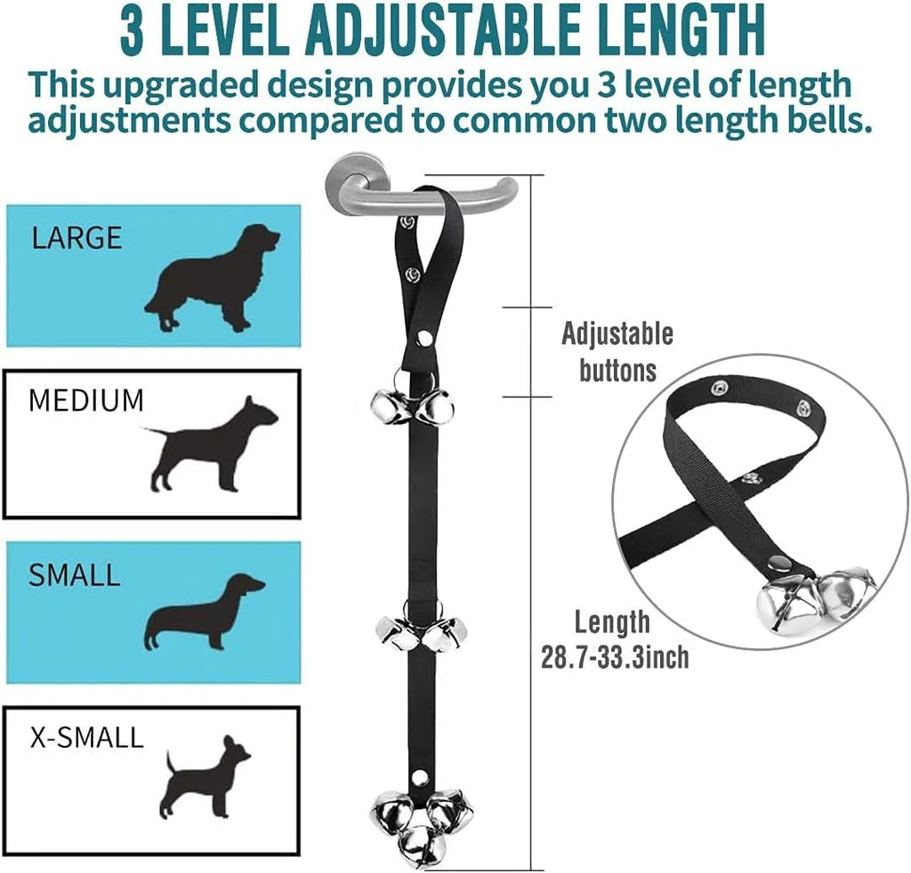 Adjustable dog training doorbell with 7 silver metal bells on nylon leash