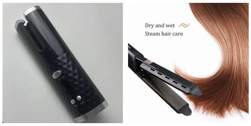 White portable automatic curling iron with USB charging cable and gold ceramic curling barrel.