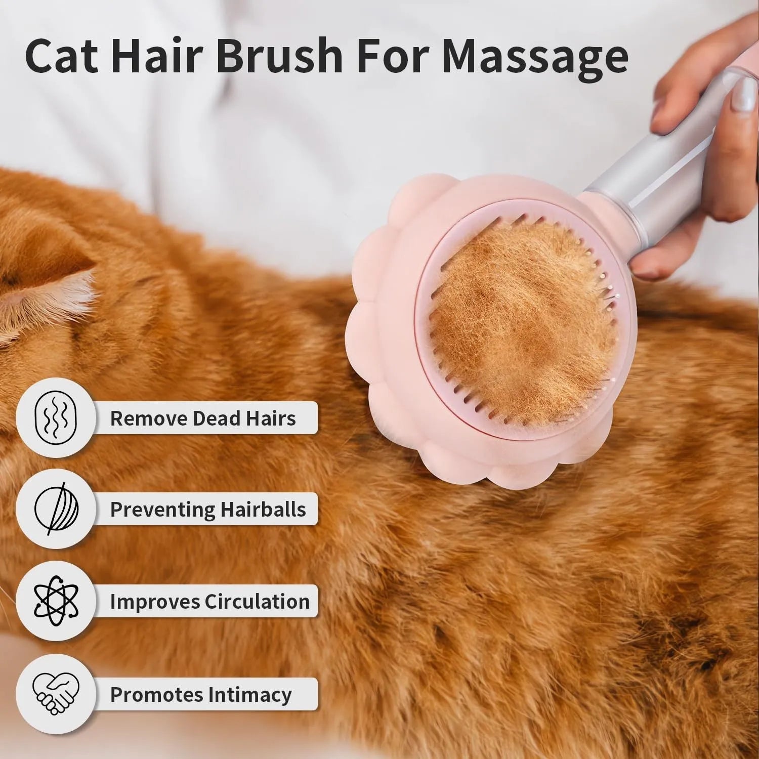 Grey spray cat grooming brush with self-cleaning button and curved stainless steel bristles on a white background.