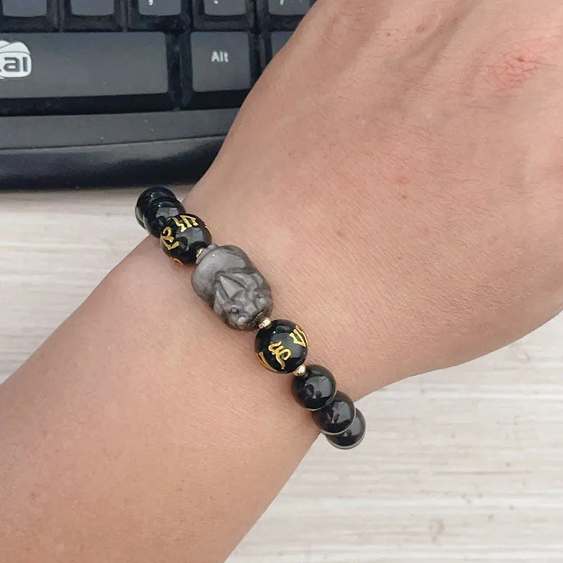 Silver stone men's bracelet with engraved zodiac symbols and Chinese proverbs on adjustable cord