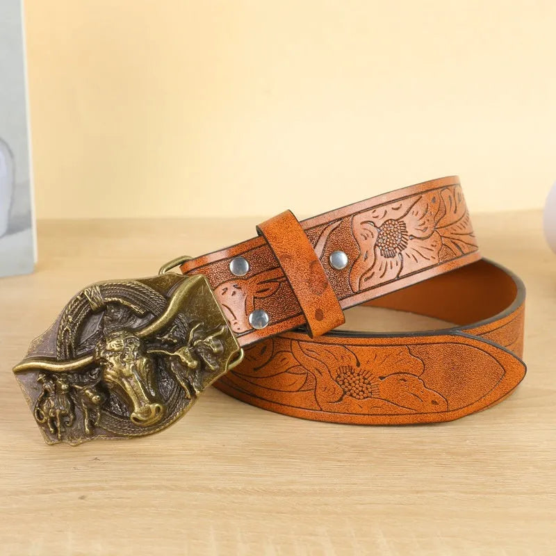 Men's imitation leather belt with cow head buckle design in black or brown colours