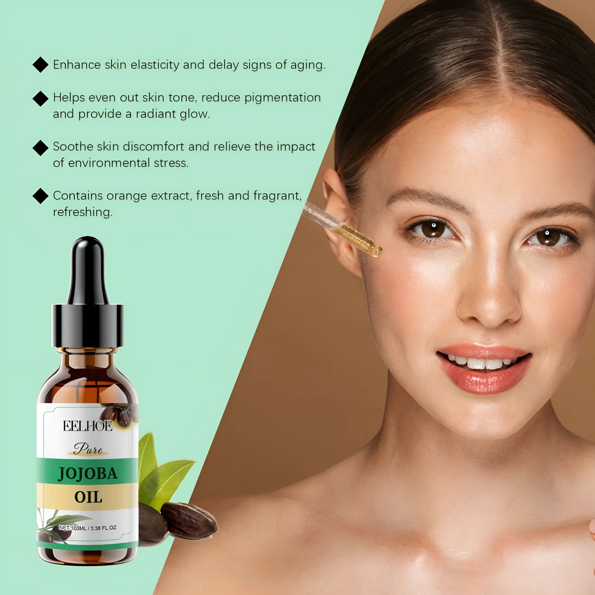 100ml glass bottle of organic jojoba facial oil with vitamin E.