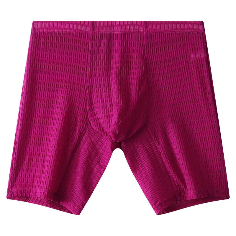 Men's transparent lace boxer shorts in white colour showing mid-waist and lengthened design