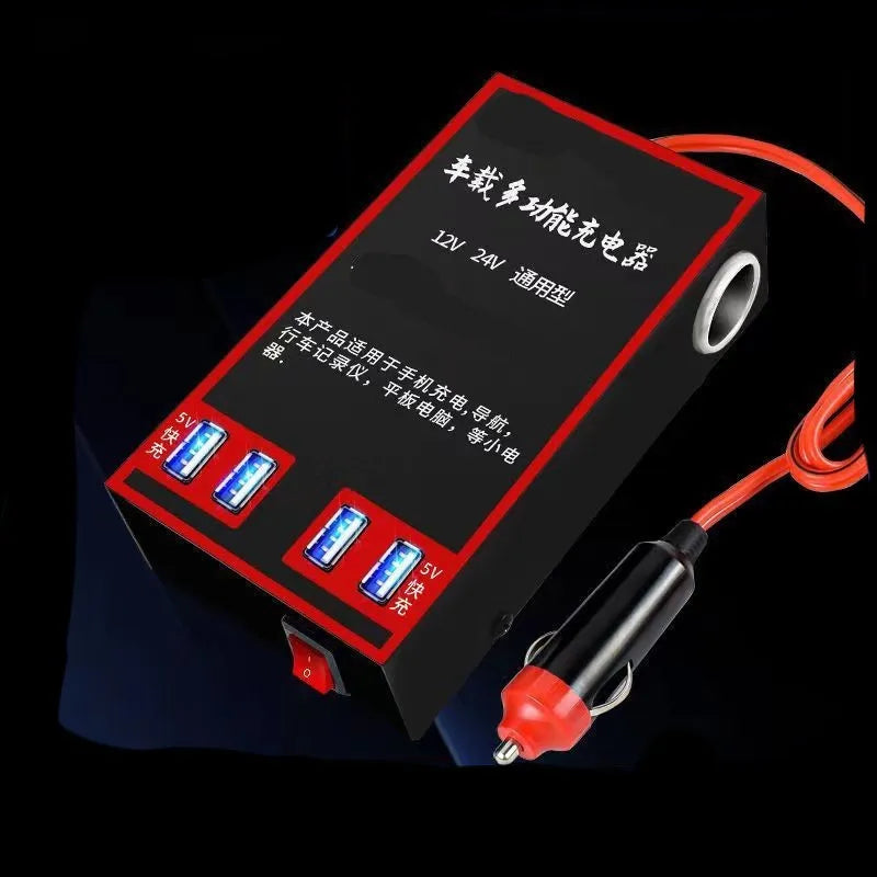 Black automotive power converter converting 12V/24V vehicle power to 220V AC with 4 USB charging ports