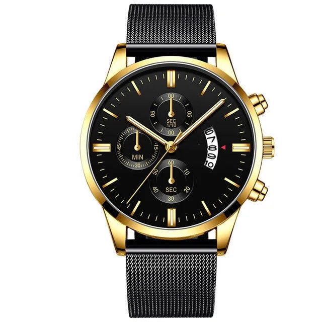 Men's stainless steel mesh band quartz watch with analog display in multiple colour options
