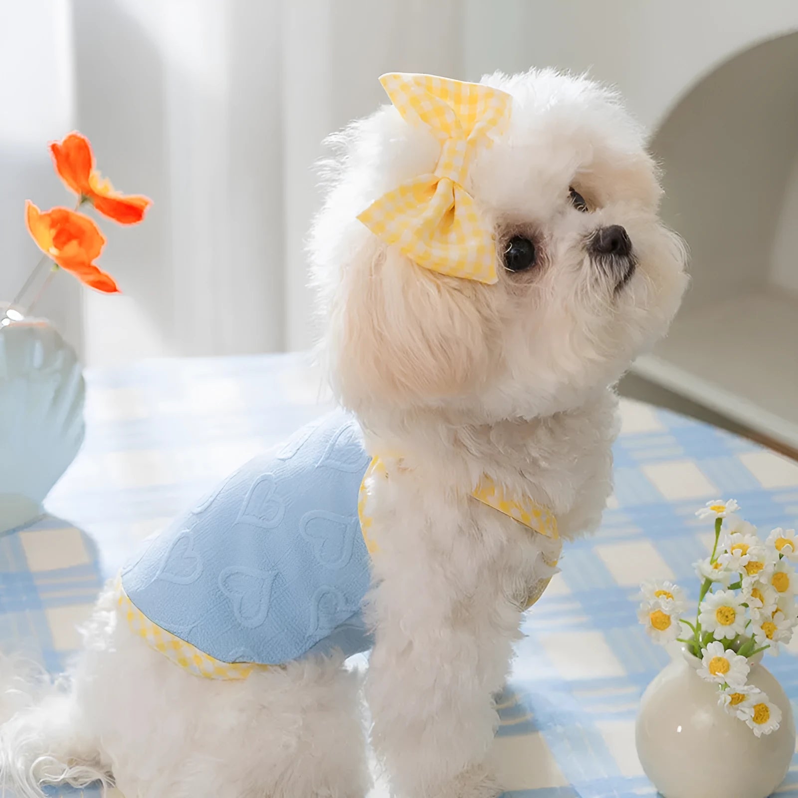 Small dog wearing heart texture vest with bow suspenders in Bondi Blue colour