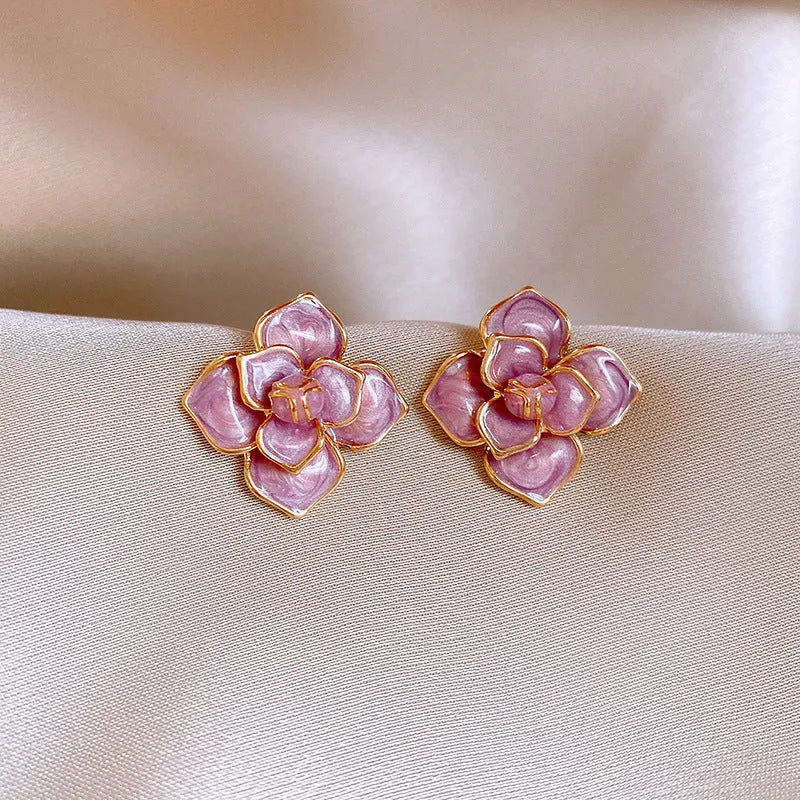 Gold plated purple oil-spot glaze floral stud earrings with copper base and fresh design