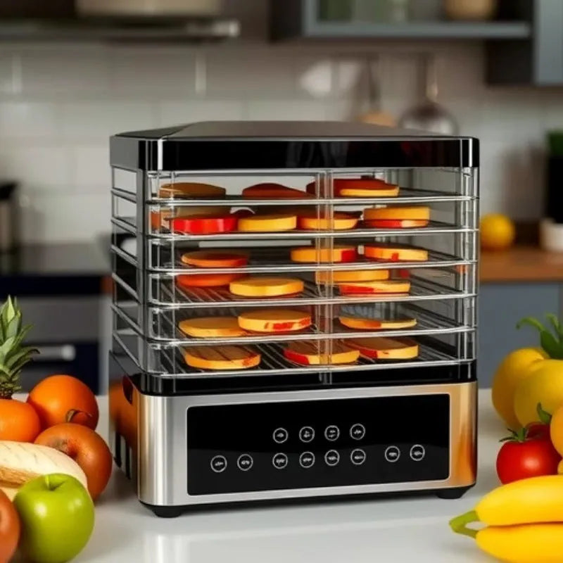 Silver stainless steel food dehydrator appliance with digital controls on a kitchen counter.