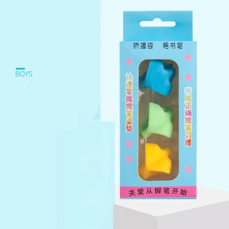 Children's writing orthosis with pen holders for kindergarten writing development showing finger placement guidance