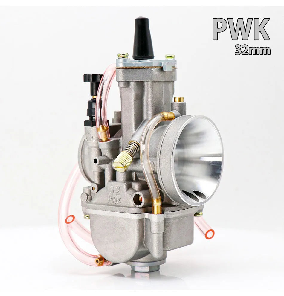 PWK sandblasted motorcycle carburetor for performance modification, showing seven size options from 21mm to 34mm.