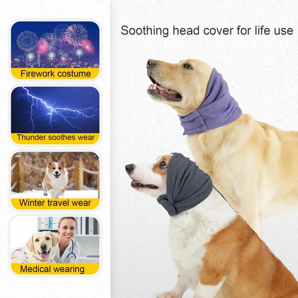 Dog wearing black calming hoodie head cover with ear wrap for noise reduction