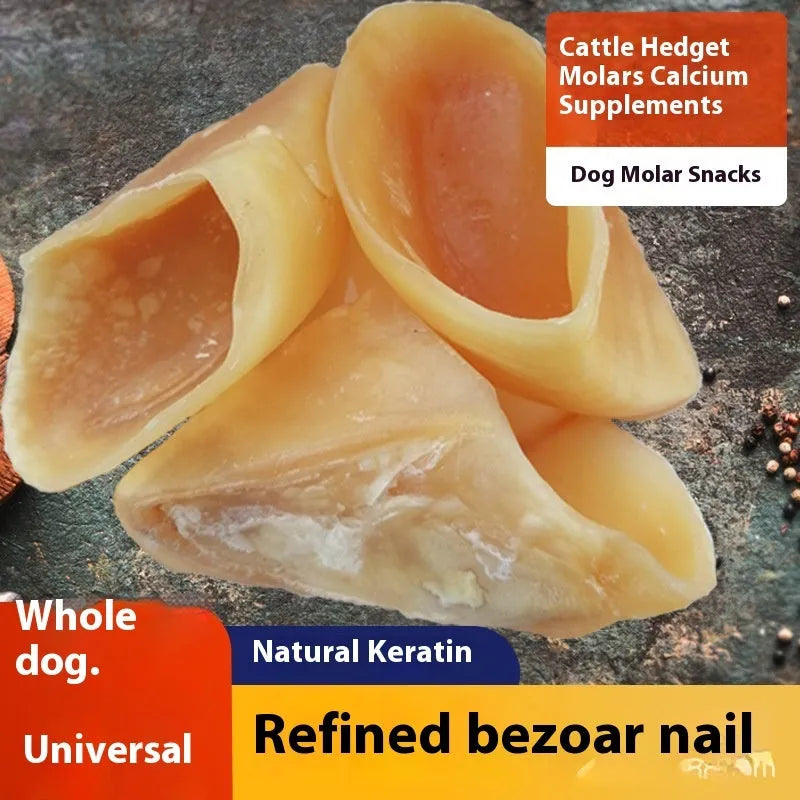 Natural cowhide dog grinding chew toy with a hoof shell, shown in two sizes for small and large dogs.