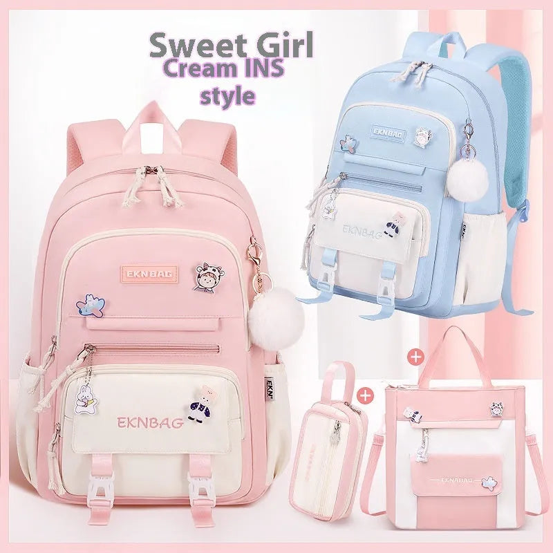 Pink waterproof Oxford cloth school backpack for girls with curved shoulder straps on a white background.