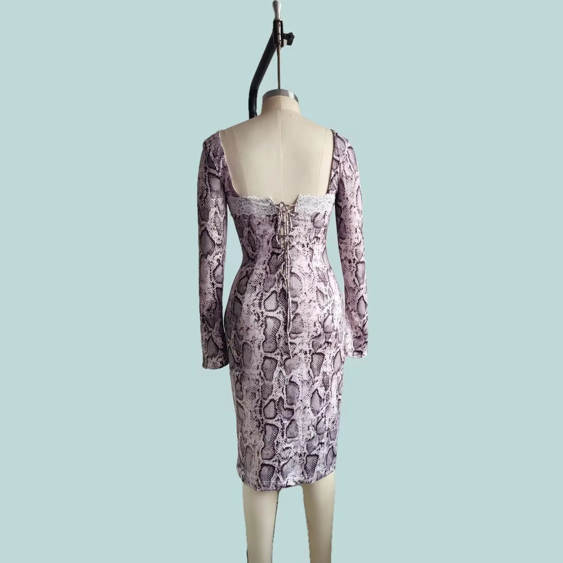 Grey digital printed lace dress with 3D pattern, long sleeves and A-line skirt
