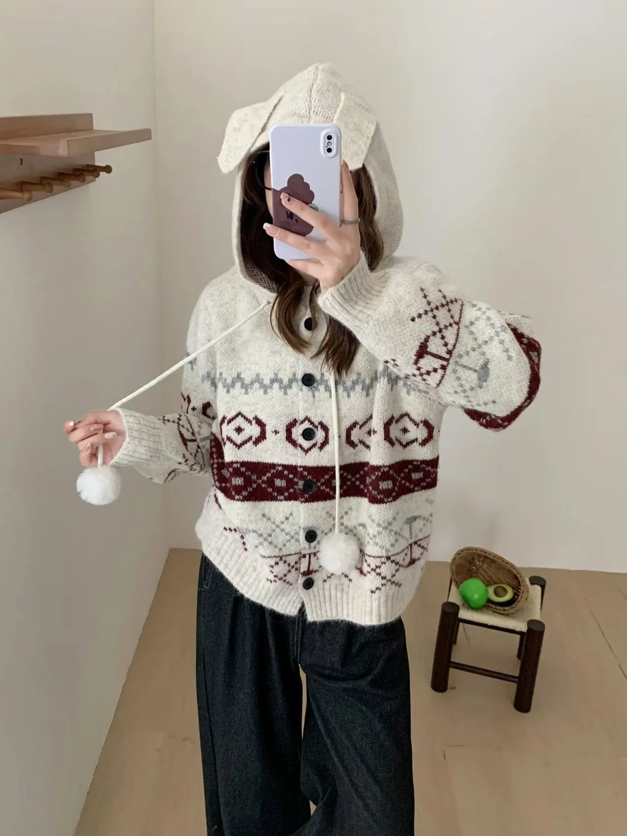Women's plus size brocade sweater coat with geometric pattern in loose style