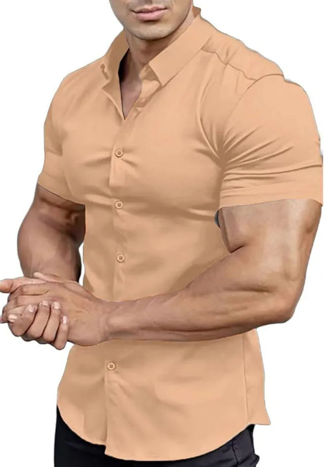 Men's brown short sleeve casual printed shirt with a collar on a hanger.
