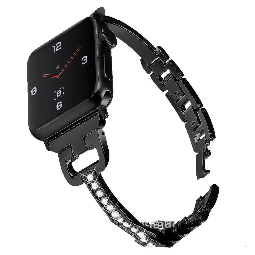 D-shaped metal diamond-pattern strap for Apple Watch in gold colour next to a smartwatch.