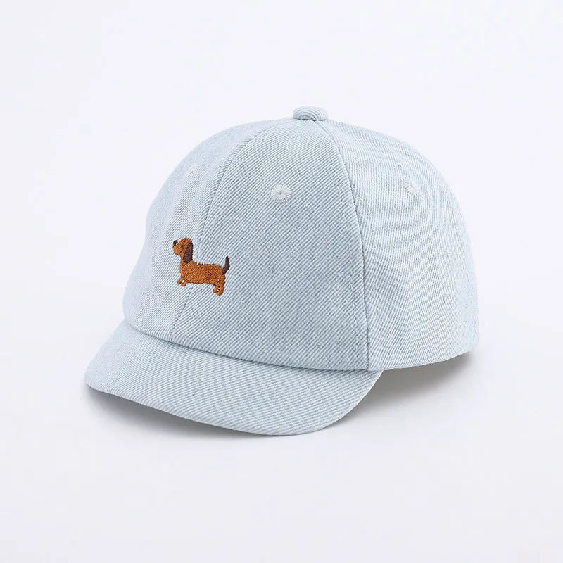 Babies denim baseball cap with puppy print in light blue, dome crown, 48cm size